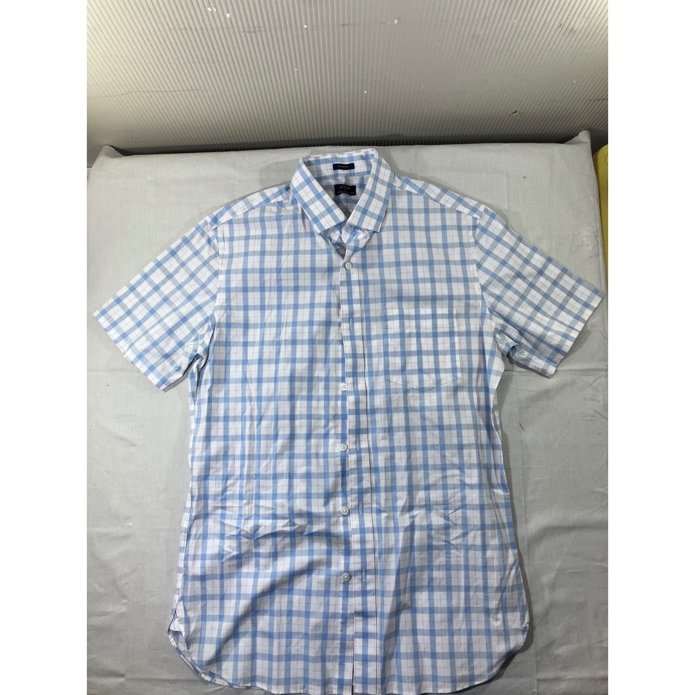 J Crew Thompson Stretch Wrinkle Free Mens Short Sleeve Dress Shirt Blue White